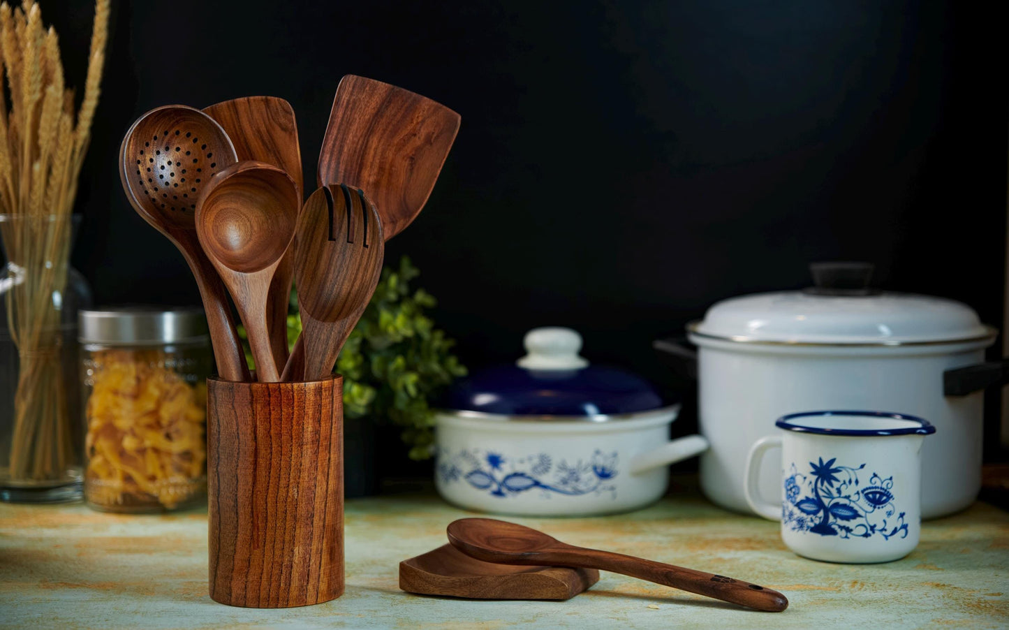 Teak Kitchen Utensil Set: Wooden Spoons, Spatulas, Ladle & Holder