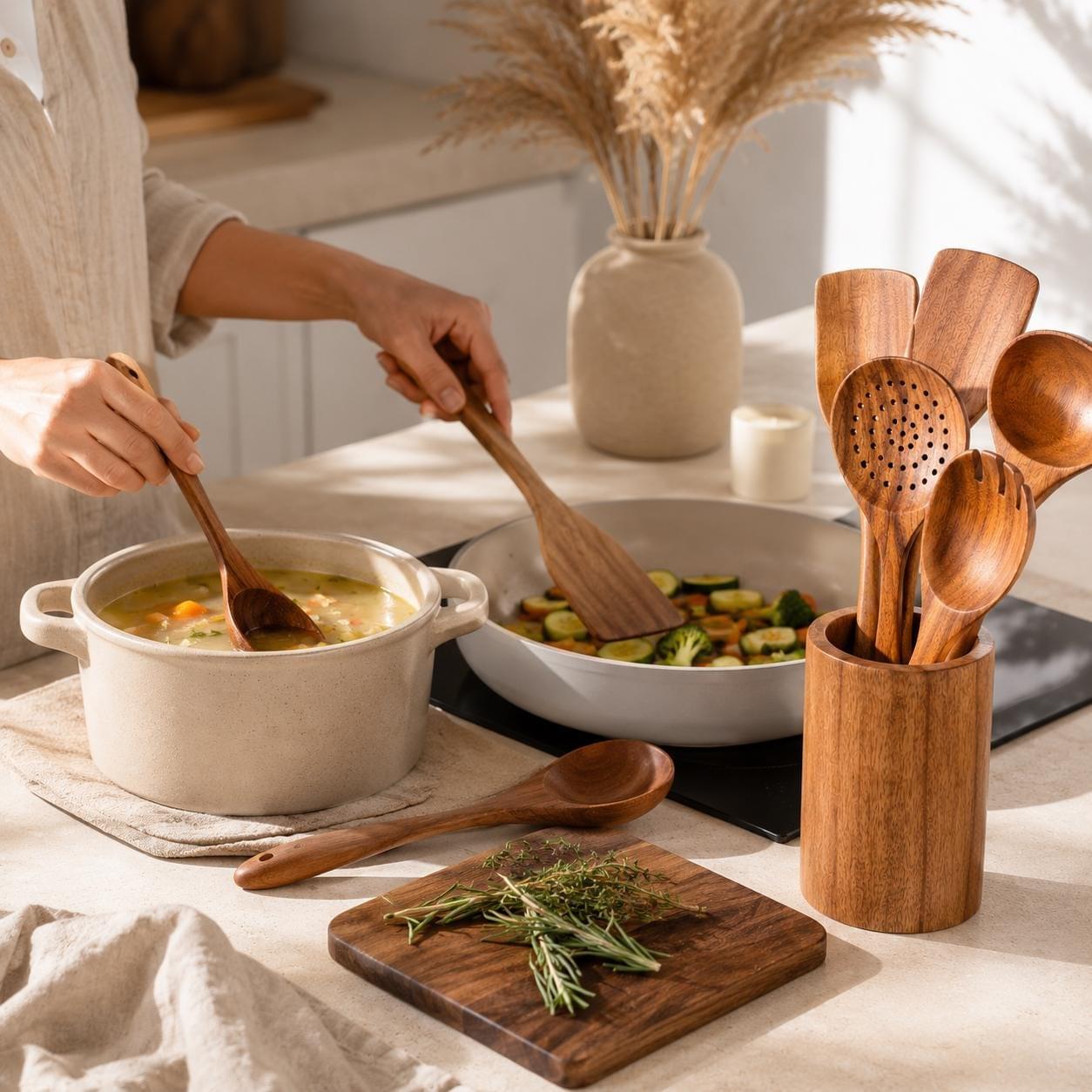 Wooden spatula- 7 Piece|Teak Wood Kitchen Utensil Set | Non-Stick Cookware