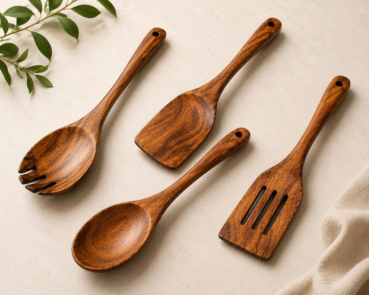 Acacia Wood Cooking Utensil Set, 4 Piece Wooden Kitchen Tools, Spoon & Spatula Set, Nonstick Safe, Housewarming Gift