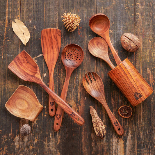 Teak Kitchen Utensil Set: Wooden Spoons, Spatulas, Ladle &amp; Holder