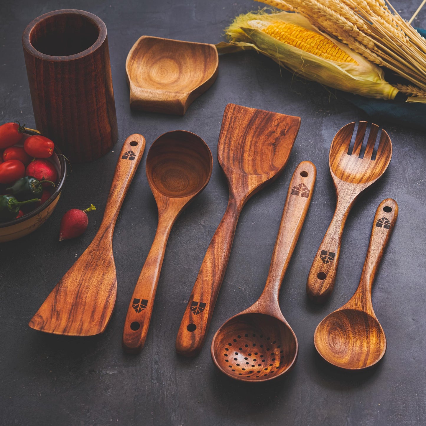 Teak Kitchen Utensil Set: Wooden Spoons, Spatulas, Ladle &amp; Holder