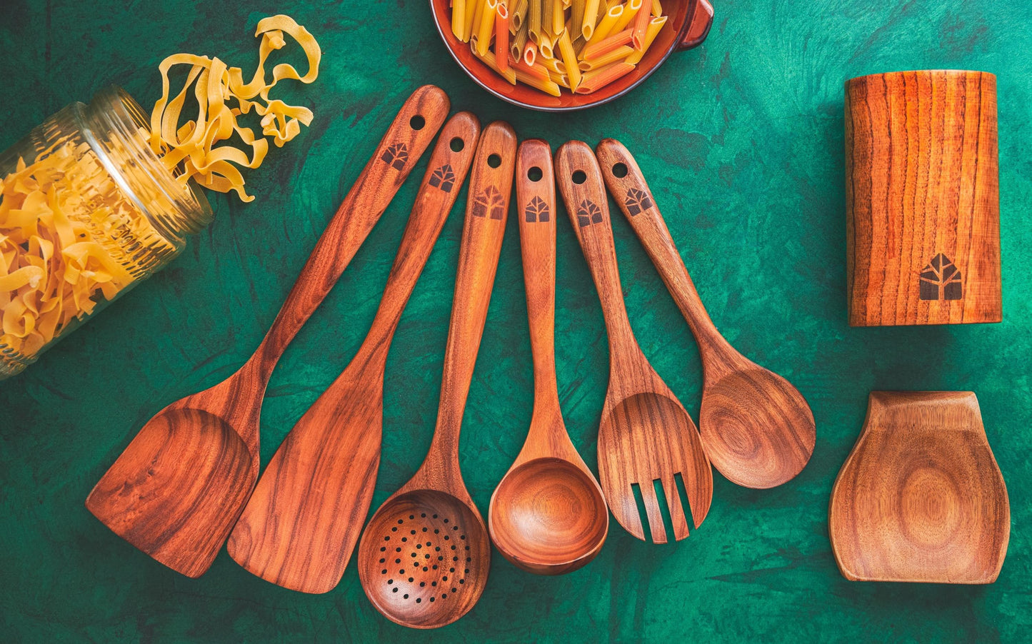 Teak Kitchen Utensil Set: Wooden Spoons, Spatulas, Ladle &amp; Holder