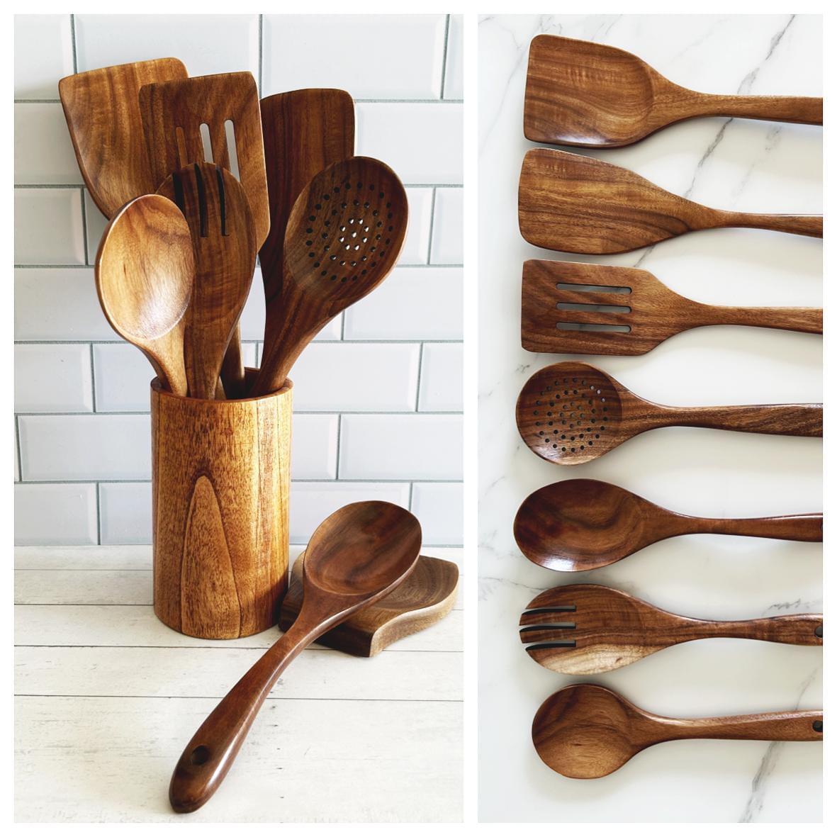9-Piece Teak Wood Kitchen Utensil Set | Heat-Resistant &amp; Durable | Includes Spatulas, Spaghetti Spoon, Salad Fork, Utensil Holder and More