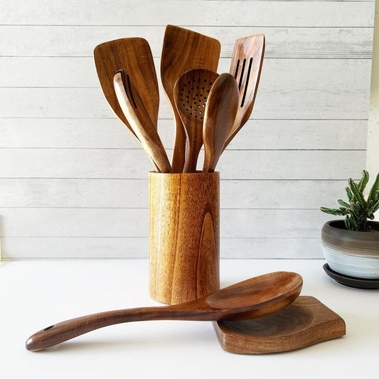 9-Piece Teak Wood Kitchen Utensil Set | Heat-Resistant &amp; Durable | Includes Spatulas, Spaghetti Spoon, Salad Fork, Utensil Holder and More