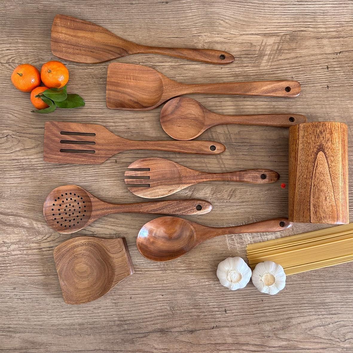 9-Piece Teak Wood Kitchen Utensil Set | Heat-Resistant &amp; Durable | Includes Spatulas, Spaghetti Spoon, Salad Fork, Utensil Holder and More