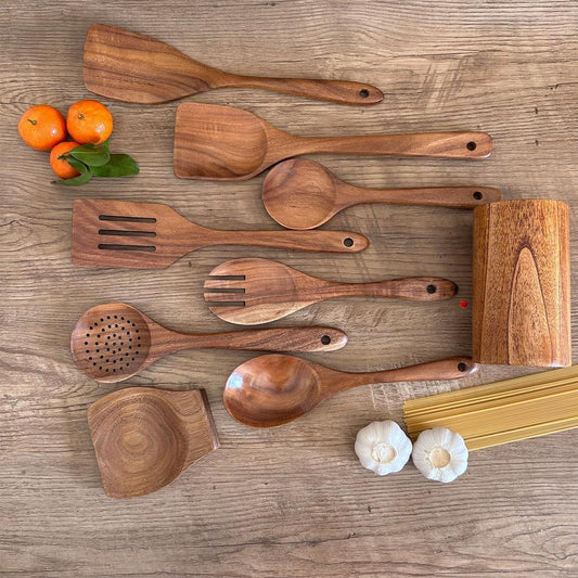 9-Piece Teak Wood Kitchen Utensil Set | Heat-Resistant &amp; Durable | Includes Spatulas, Spaghetti Spoon, Salad Fork, Utensil Holder and More