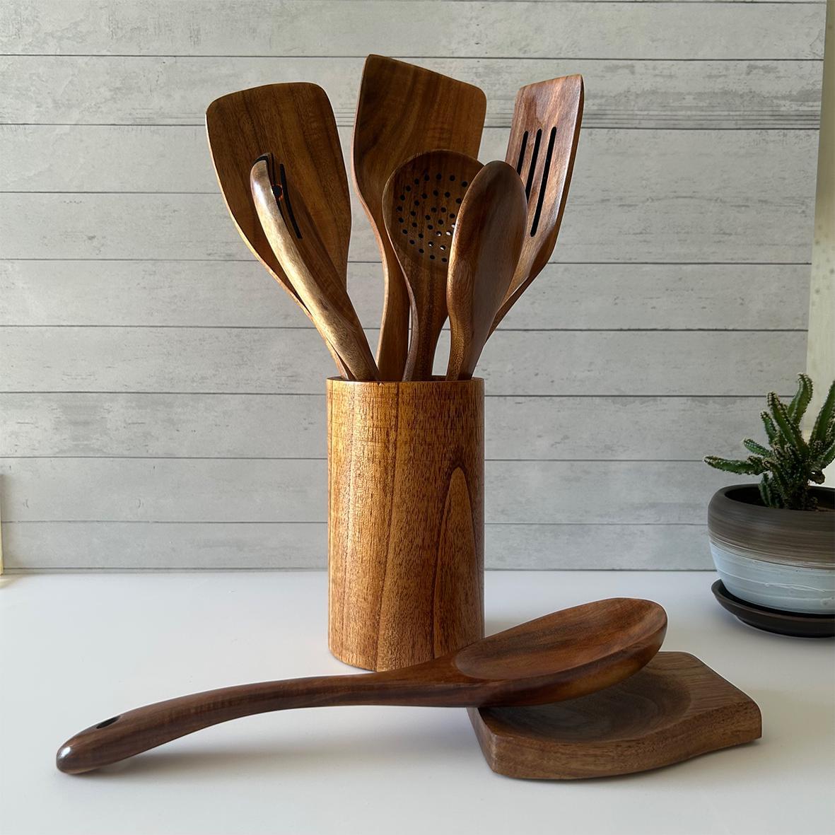 9-Piece Teak Wood Kitchen Utensil Set | Heat-Resistant &amp; Durable | Includes Spatulas, Spaghetti Spoon, Salad Fork, Utensil Holder and More