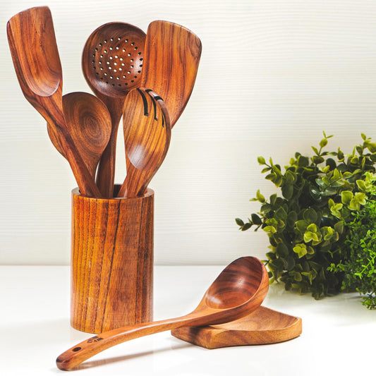 Teak Kitchen Utensil Set: Wooden Spoons, Spatulas, Ladle &amp; Holder