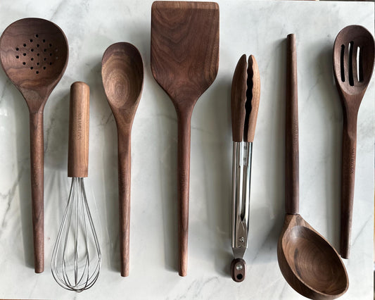 Walnut Wood Kitchen Utensil Set, Handcrafted Natural Cooking Tool, Nontoxic, Plastic-Free, Safe for Nonstick Cookware, Kitchen Wedding Gift