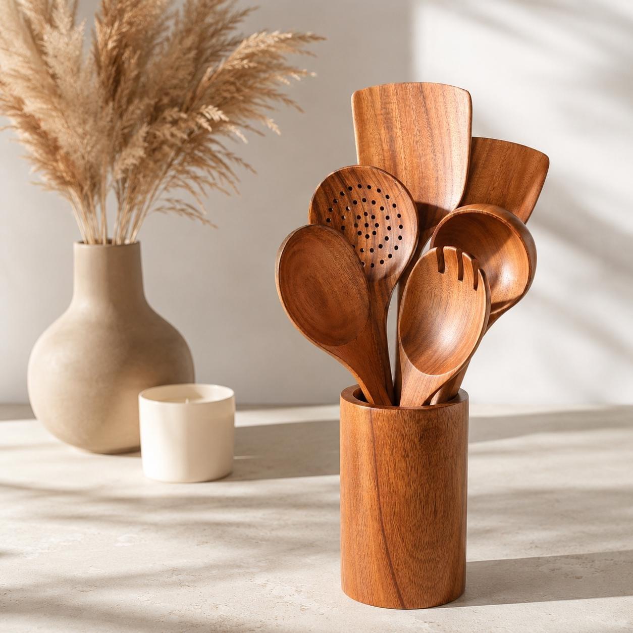 Wooden spatula- 7 Piece|Teak Wood Kitchen Utensil Set | Non-Stick Cookware