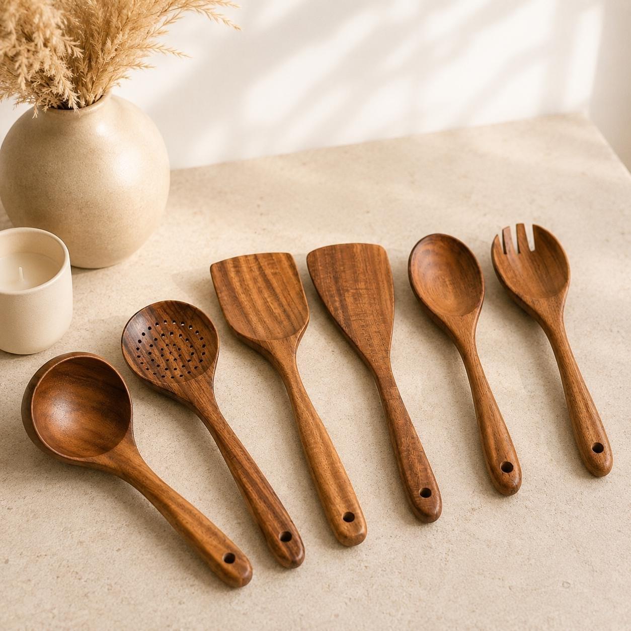 Wooden spatula- 7 Piece|Teak Wood Kitchen Utensil Set | Non-Stick Cookware