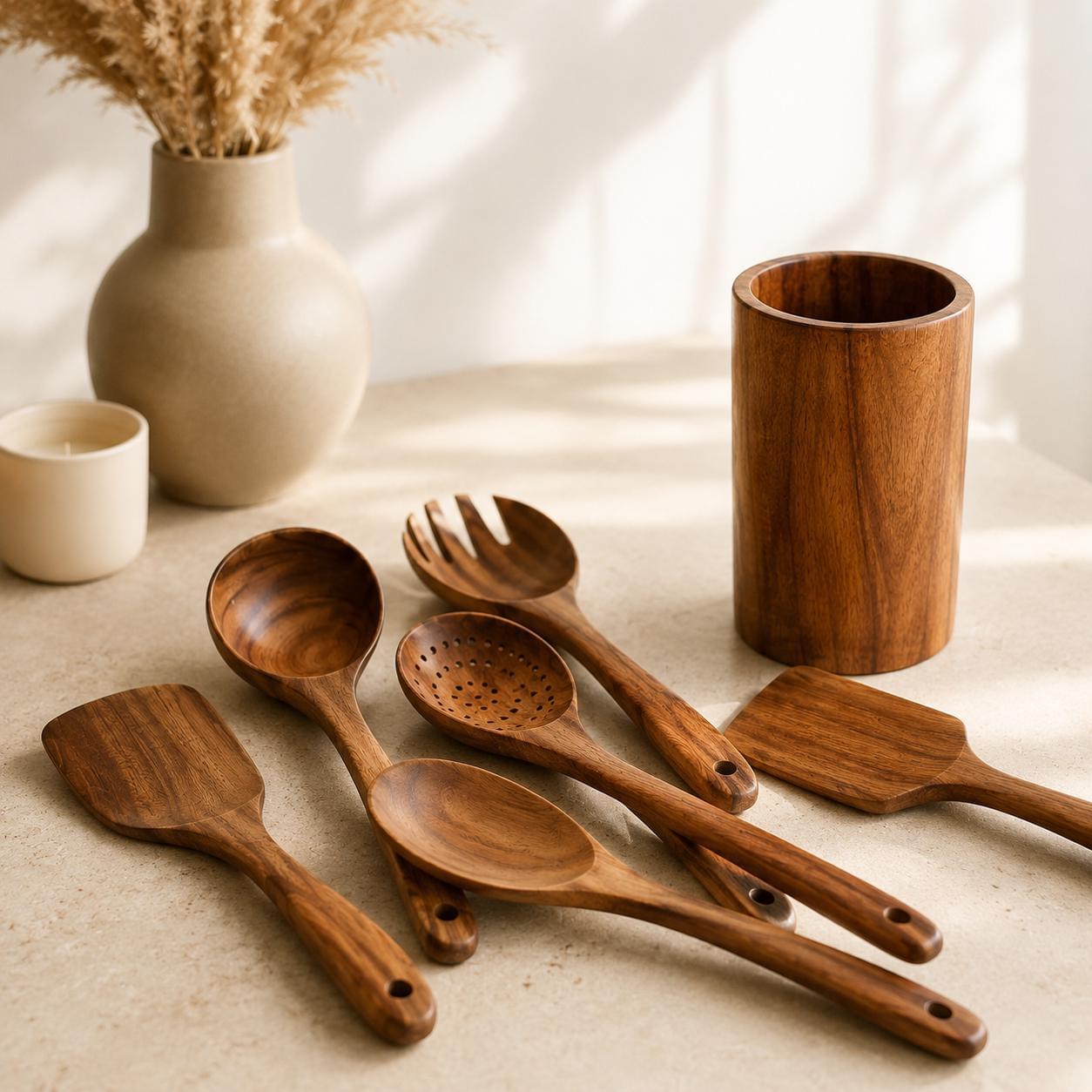 Wooden spatula- 7 Piece|Teak Wood Kitchen Utensil Set | Non-Stick Cookware