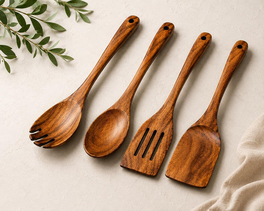 Acacia Wood Cooking Utensil Set, 4 Piece Wooden Kitchen Tools, Spoon &amp; Spatula Set, Nonstick Safe, Housewarming Gift
