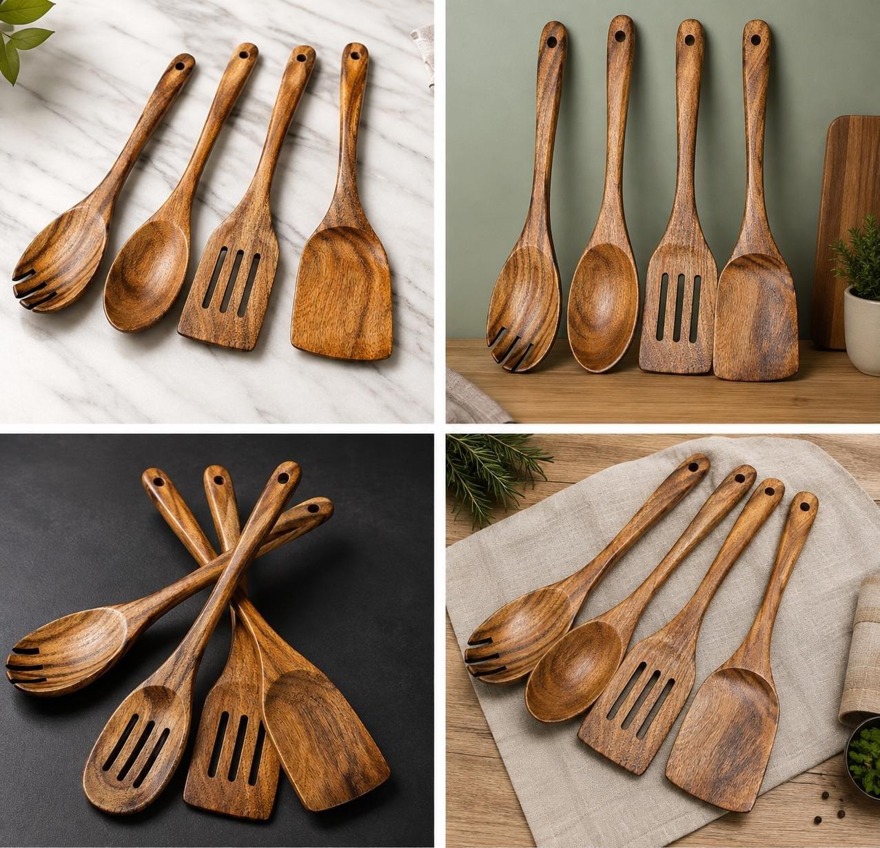 Acacia Wood Cooking Utensil Set, 4 Piece Wooden Kitchen Tools, Spoon &amp; Spatula Set, Nonstick Safe, Housewarming Gift