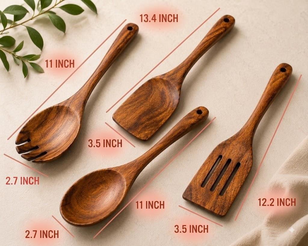 Acacia Wood Cooking Utensil Set, 4 Piece Wooden Kitchen Tools, Spoon &amp; Spatula Set, Nonstick Safe, Housewarming Gift