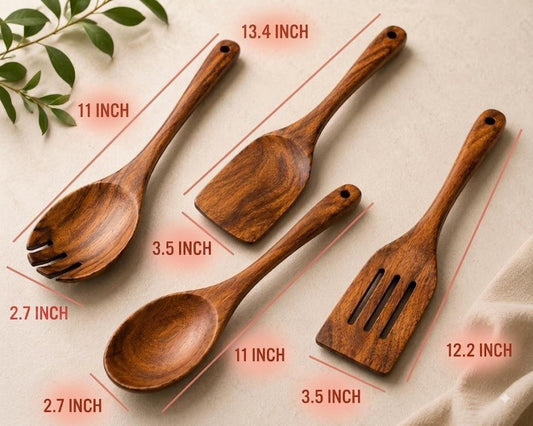Acacia Wood Cooking Utensil Set, 4 Piece Wooden Kitchen Tools, Spoon &amp; Spatula Set, Nonstick Safe, Housewarming Gift